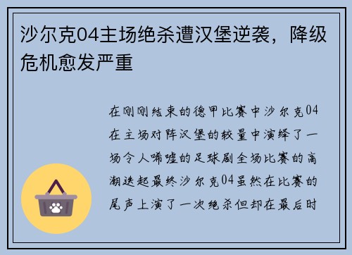 沙尔克04主场绝杀遭汉堡逆袭，降级危机愈发严重