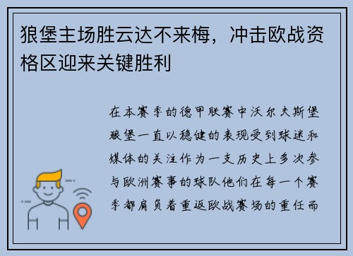 狼堡主场胜云达不来梅，冲击欧战资格区迎来关键胜利